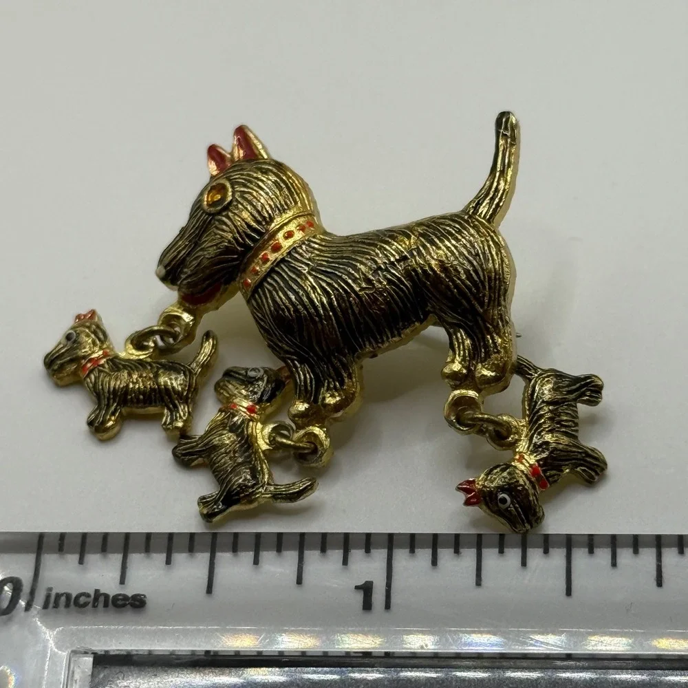 Vintage Gold Tone Scottie Dog Mother and Puppies Dangle Brooch Pin Korea